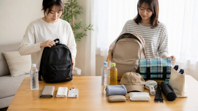 テーマパークへ行く前に身軽な荷物とレジャーシートを含めた持ち物を比較している様子