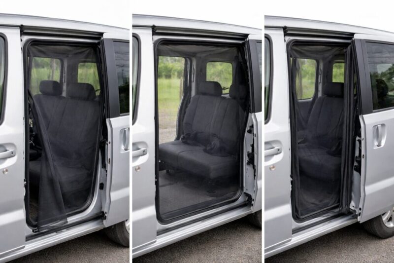 スライドドアの開閉に対応した自作網戸の設計ポイントを示すイメージ