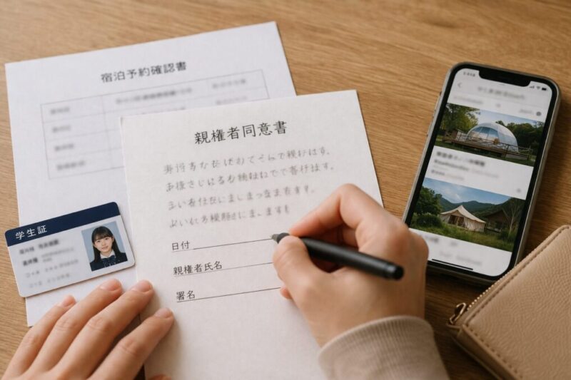 グランピング予約前に未成年の宿泊条件や同意書を確認するイメージ