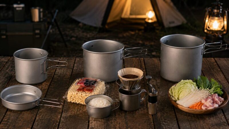 550ml・900ml・1300mlのクッカー容量を比較し、ソロキャンプに向く900mlサイズを示す画像