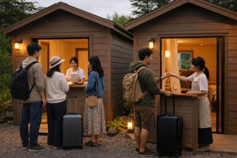 男女混合の友人グループが2部屋タイプのグランピング施設でチェックインする様子