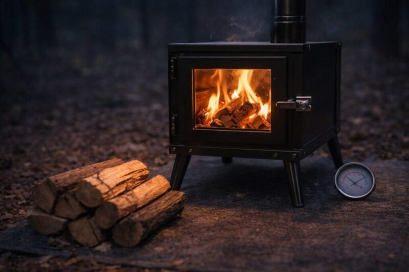 小型薪ストーブのガラス窓越しに炎が見え、そばに短い薪を置いて火力をイメージできる場面