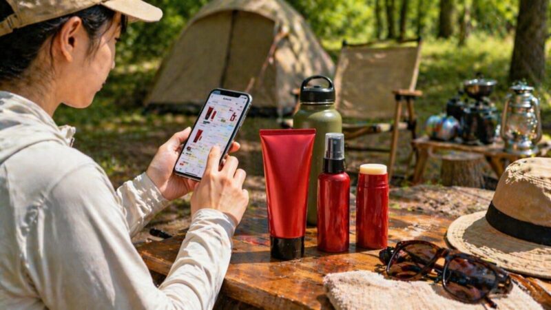 キャンプ場でスマートフォンを使い赤い日焼け止め風商品を価格比較する様子