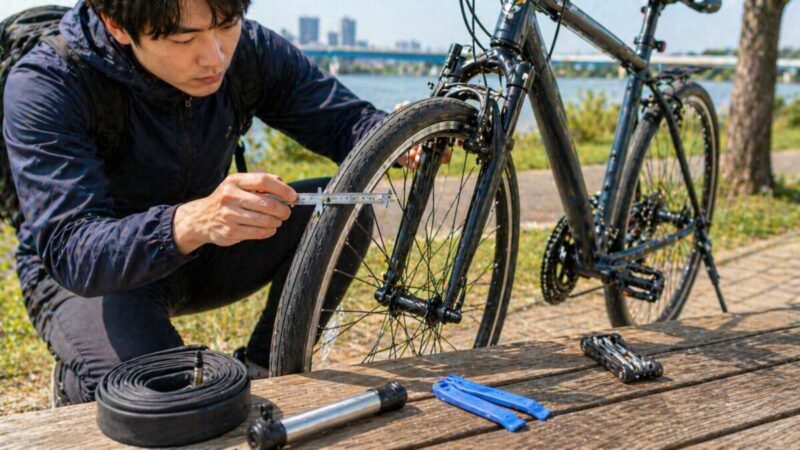 河川敷でクロスバイクのタイヤ幅を確認している男性のイメージ。