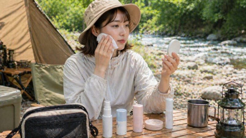 川辺のキャンプサイトで汗を押さえてから顔の日焼け止めを塗り直す準備をしている様子