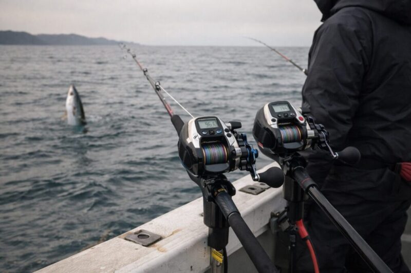 青物や落とし込みを想定して船べりにセットされた電動リールの実釣イメージ