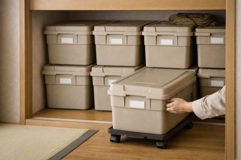 押入れの奥行きを活かしてボックスとキャスター台でキャンプギアを取り出しやすくするイメージ