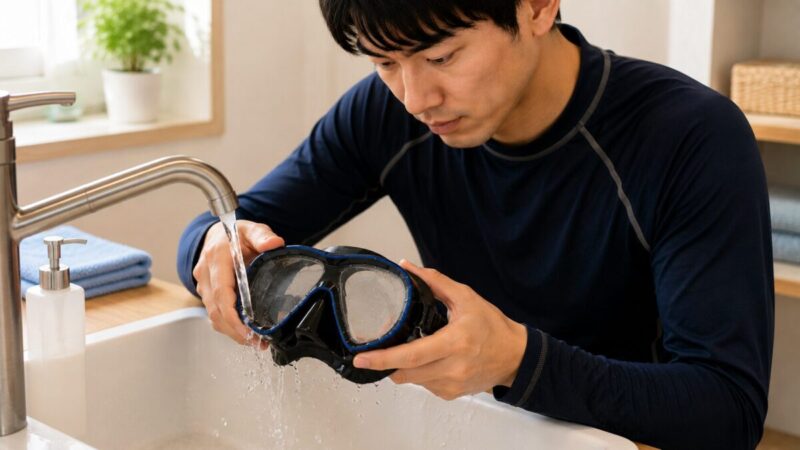 中性洗剤で洗ったシュノーケリングマスクを流水で丁寧にすすぐ男性
