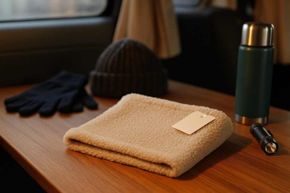 車中泊の車内テーブルに置いたネックウォーマーと手袋、ニット帽を写した防寒イメージ