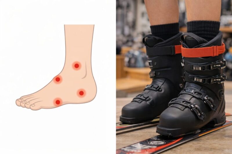 スキーブーツで痛みが出やすい箇所と熱成型向きのケースを示す図解イメージ