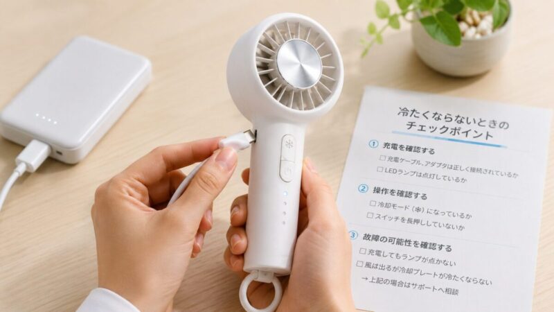 ハンディファンのUSB-C端子にケーブルを接続し、充電状態と操作ボタンを確認する手元
