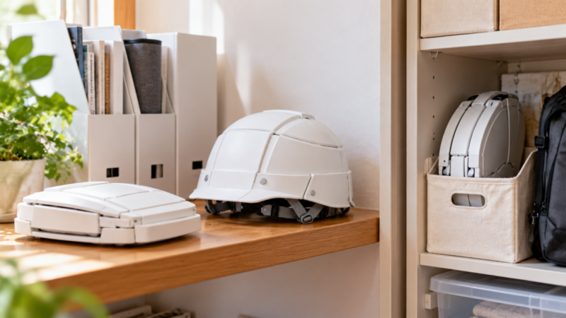 折りたたみ式の防災ヘルメットをファイルボックスへ収納する様子