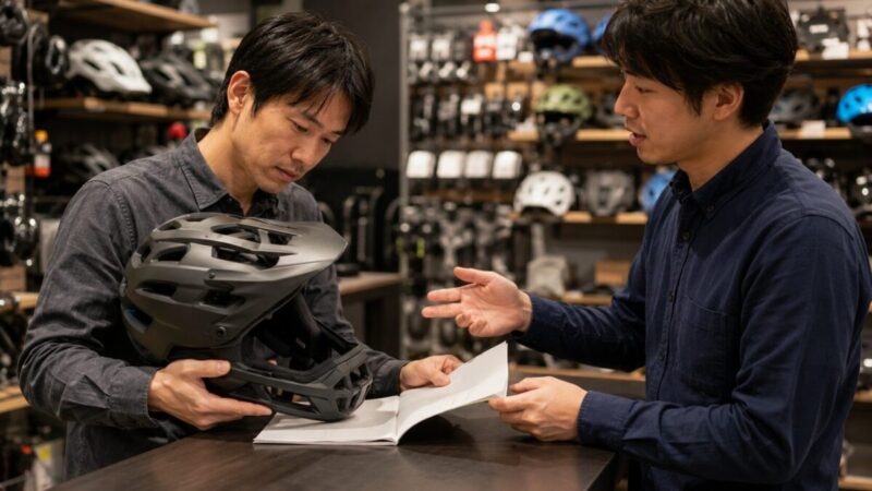 自転車用フルフェイスヘルメットの用途と安全表示を店頭で確認する様子