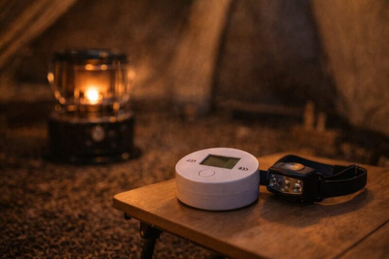 テント内で一酸化炭素対策として警報器を置いて備える様子