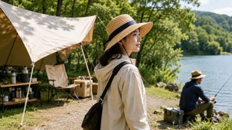 湖畔キャンプで広つば麦わら帽子をかぶり、散歩や釣りを楽しむ様子