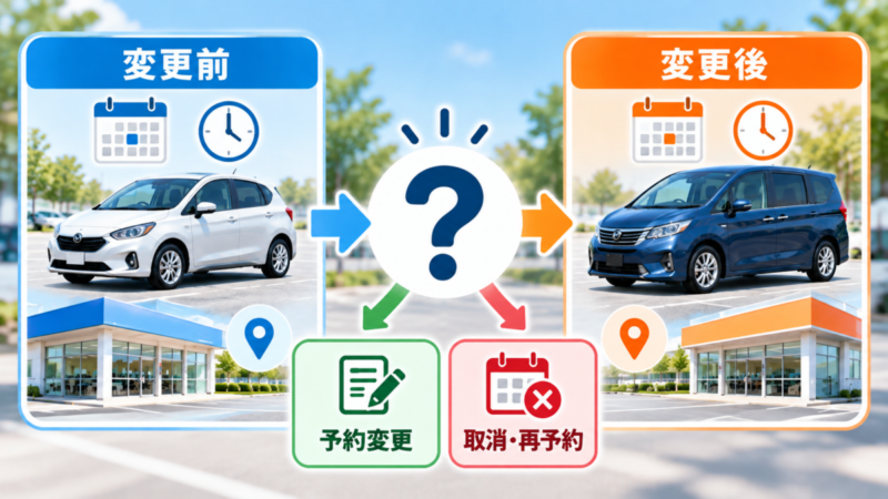 レンタカーの予約変更前後の日付・車種・営業所を比較し、予約変更と取消・再予約の2つの手続きを示した図