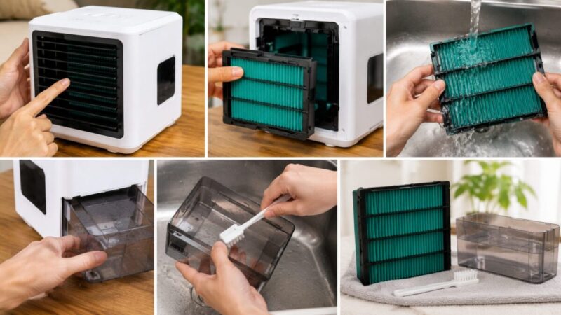 小型冷風扇のフィルターと給水タンクを洗い、乾燥させる手順の様子。