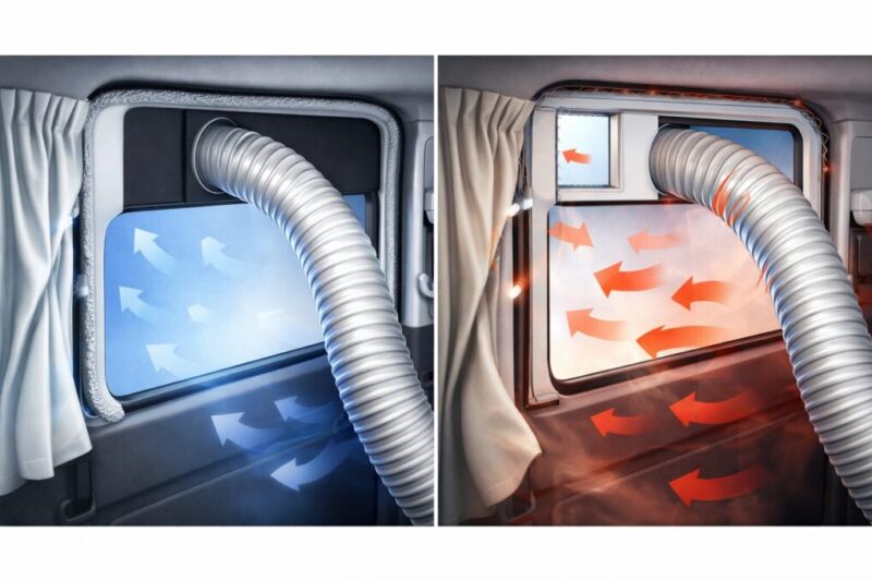 窓パネルと排気ダクトの接続部を近くから見せ、隙間なく処理した場合と熱気が戻りやすい場合の違いを比較したイメージ図