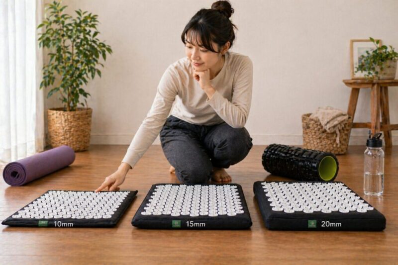 厚みの異なるセルフケア用マットを並べて、運動やストレッチ向けに比較している様子。