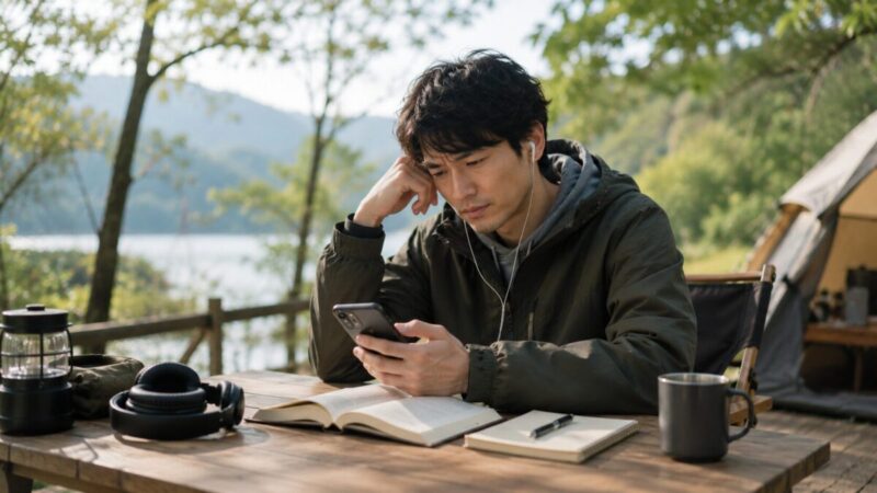 オーディオブックを聴いても内容が頭に入らず本とスマートフォンを見ながら悩む男性