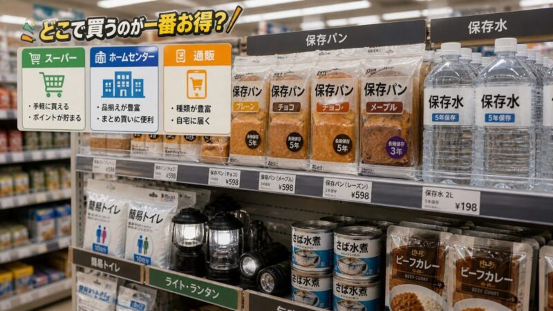 非常食パンをスーパーやホームセンターで探すイメージ