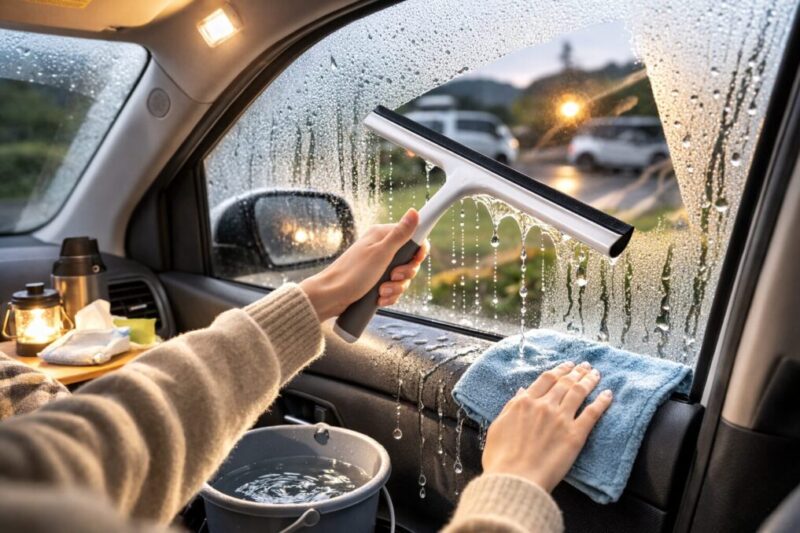 車内で結露した窓をワイパーで拭き取り、窓枠に敷いたタオルで水滴を受けている様子