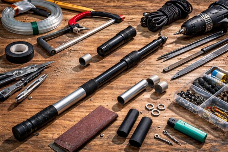 延長パーツを自作するための材料や工具を作業台に並べた様子