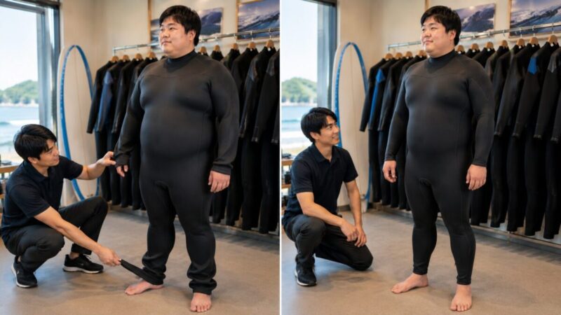 お腹に合わせて袖丈と股下が余る状態と、体に合ったワイドサイズを比較する男性