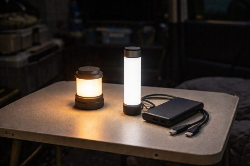 車中泊向けの電池式ライトとUSB式ライトの違いがわかる写真
