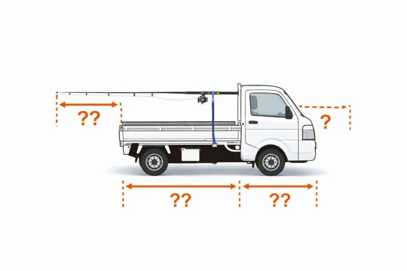 軽トラに長い釣竿や長尺物を積むときのはみ出し注意イメージ