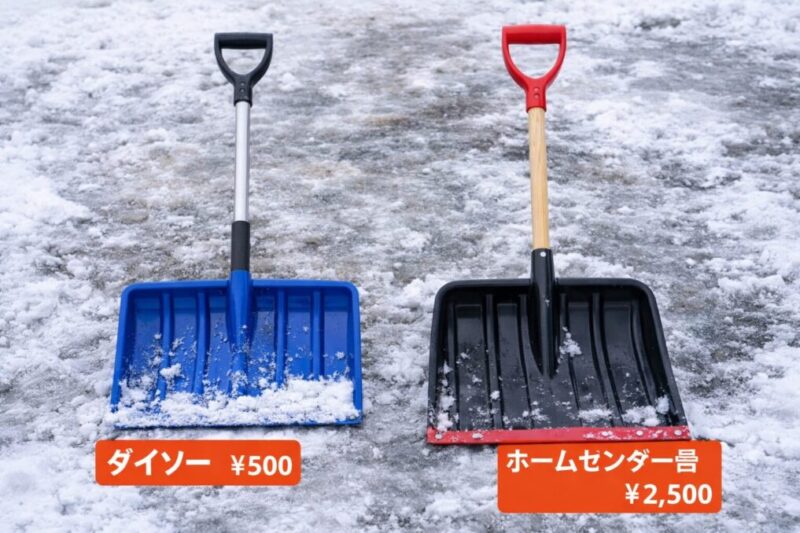 用途の違う雪かきスコップを並べて使い分けを考える様子