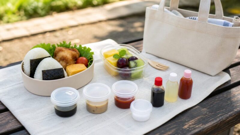 公園のベンチに置いたお弁当と、小さな調味料容器を並べたピクニックの様子