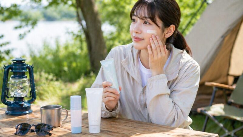 みずみずしい使用感の韓国日焼け止めをキャンプ場で使うイメージ