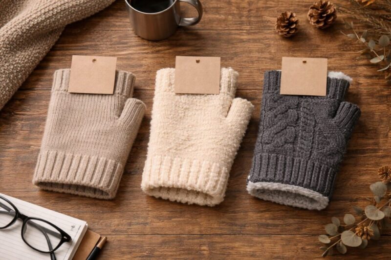 素材の違う指なし手袋を並べて暖かさの違いを比べるイメージ