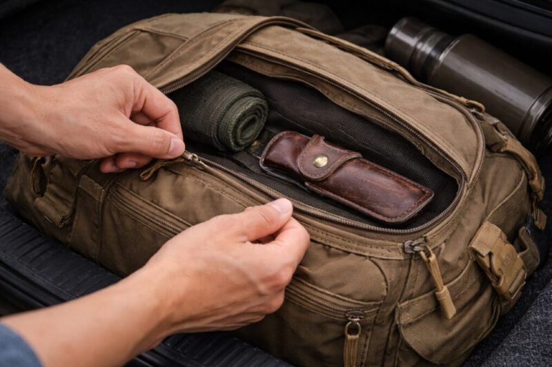 車の荷室で、ケースに入れたナイフをバッグの奥にしまい、ファスナーを閉めている手元のイメージ