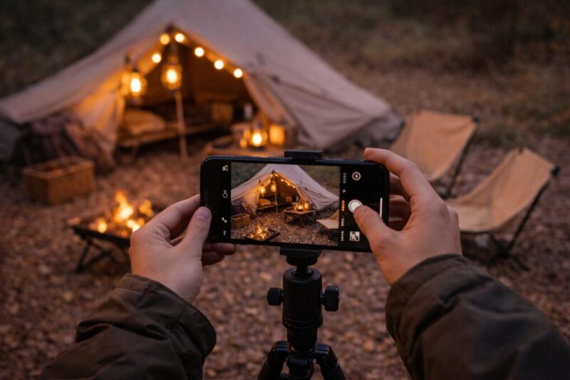 スマホを三脚に固定してキャンプサイトを撮影している手元の様子