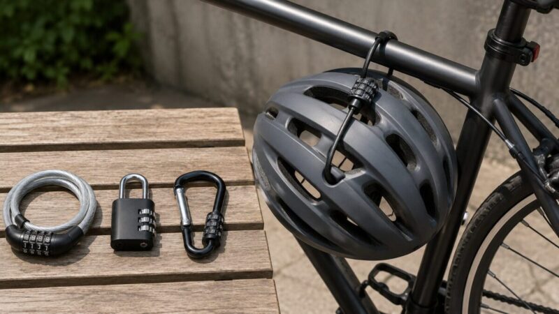 小型ワイヤーロックや南京錠を比較し自転車のフレームへヘルメットを固定した様子