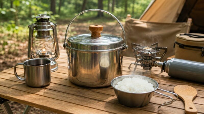 キャンプテーブルに置かれたライスクッカーと炊きたてご飯の実用的な使用イメージ