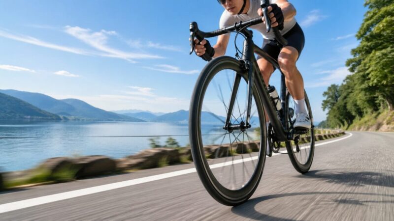 湖畔の舗装路を軽快に走るロードバイクの細めタイヤのイメージ。