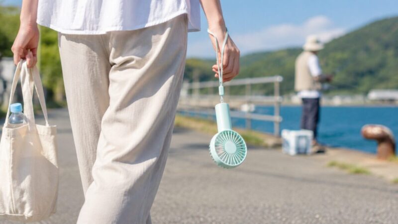ストラップ付きハンディファンを手首にかけて水辺の遊歩道を散歩する様子