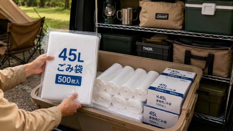 収納コンテナにロール状のゴミ袋や箱入りの予備袋をまとめ、キャンプ用品と一緒に保管している様子