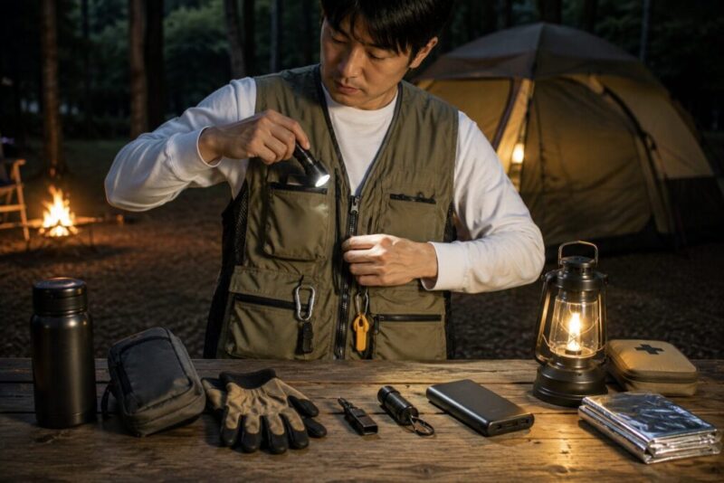 防災ベストからライトを取り出し、ホイッスルや手袋と一緒に基本装備を確認している様子