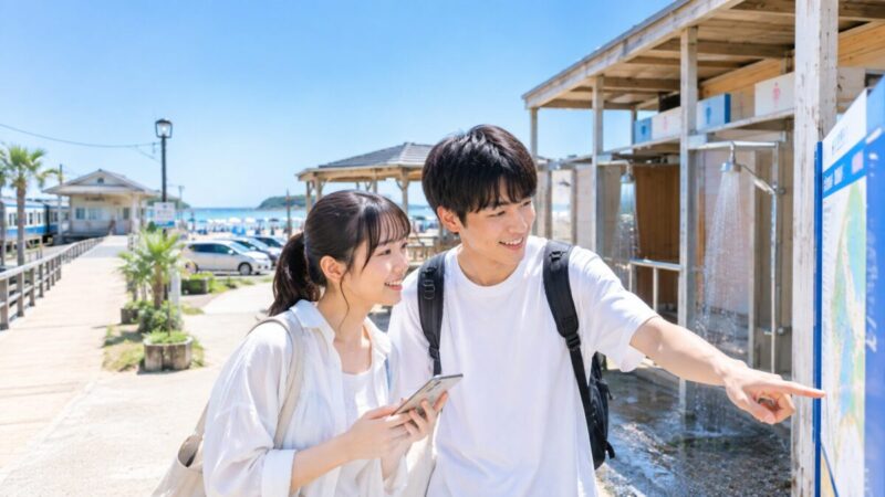 海水浴場のアクセスとシャワーや周辺施設を確認するカップル