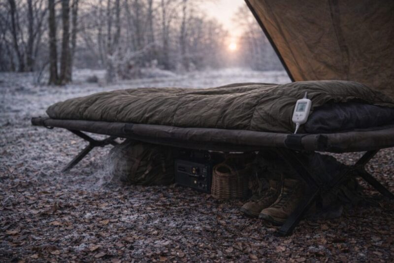 霜が降りた朝のキャンプサイトで、コットの寝床と温度計が並ぶ様子