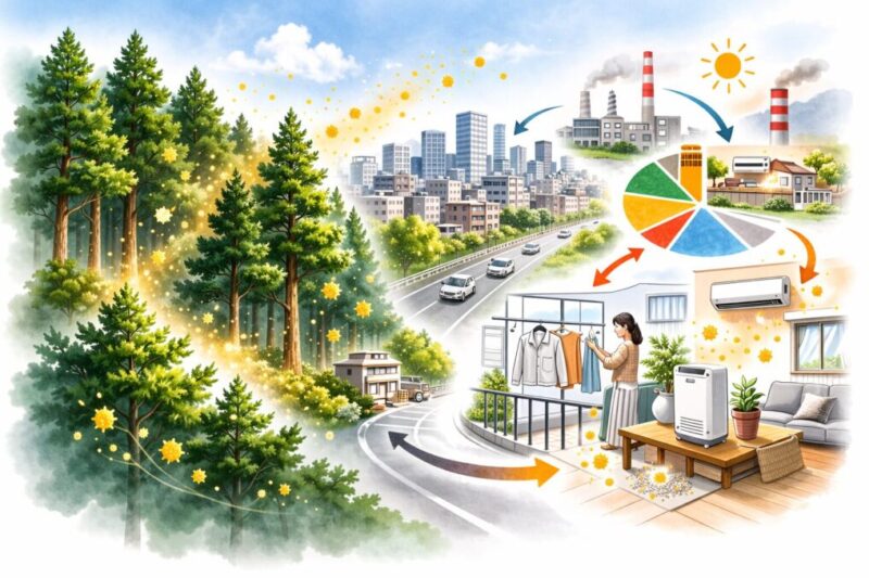 花粉症の背景として杉や環境要因をざっくり説明するイメージ