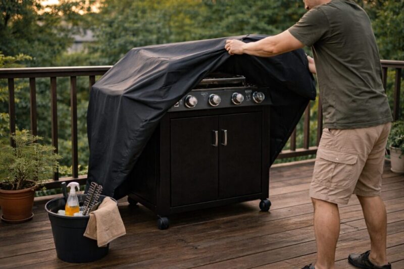 掃除後のBBQグリルに保護カバーをかけて保管しているシーン