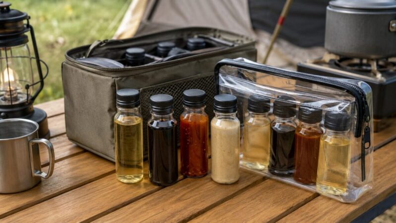 キャンプ用テーブルに液体調味料ボトルを並べ、透明ポーチで漏れ対策をしている様子