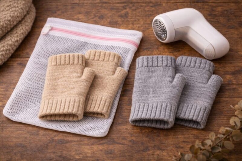 指なし手袋と洗濯ネット、毛玉取り器を並べてケア方法を考えるイメージ