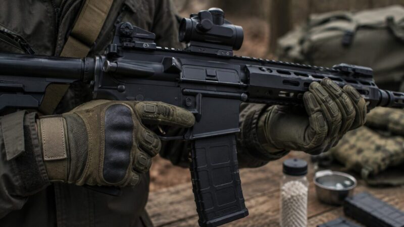 レプリカ銃を握ったときのグローブのフィット感を確認する手元