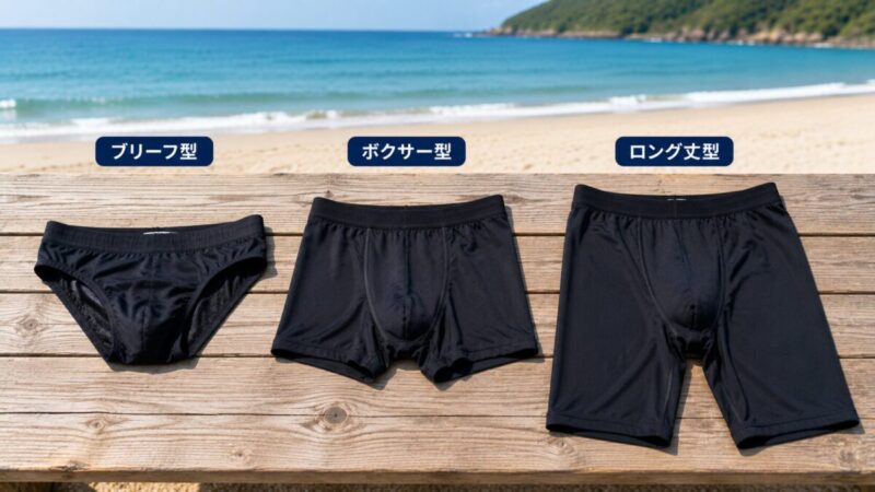 ブリーフ型とボクサー型とロング丈のメンズ水着用インナーを比較した様子